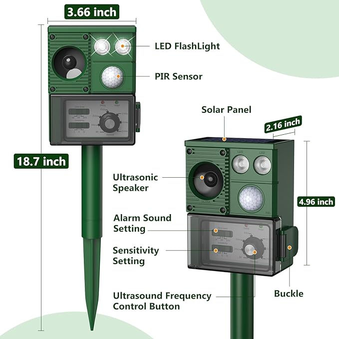 2026 Upgraded Solar Ultrasonic Animal Repellent, Deer Repellent Devices Cat Repellent Outdoor Squirrel Repellent Dog Raccoon Skunk Rabbit Rodent Coyote Repeller, PIR Sensor, Flash Light (Green)