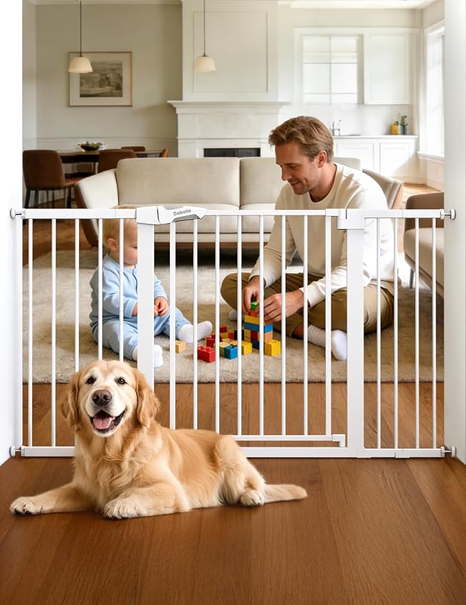 Babelio 29-55 Inch Extra Wide Baby/Dog Gate, PressGuard P7, Metal Auto Close, Pressure Mounted Pet Door for Doorways, NO Need Tools and Drilling, with Wall Cups, White