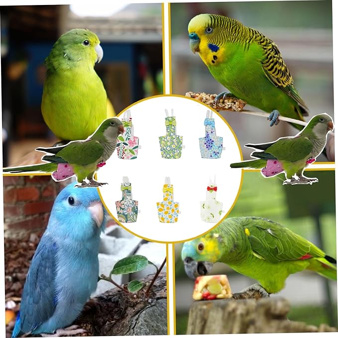 6-Piece Bird Diaper Set for Parrots, Reusable Protective Flight Suits with Waterproof Inner Layer, Washable Urine Wet Suit for Cockatiel, Parakeet, Budgie, and Small Birds(L)