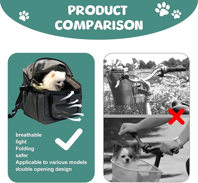 Dog Bike Basket, Soft-Sided Dog Bike Carrier Backpack, Cat Bicycle Basket, Multifunctional Pet Bike Basket Detachable Adjustable Single Shoulder Strap, Foldable Pet Travel Bag for Small Cats and Dogs