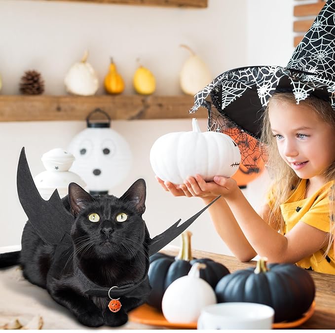 Cat Halloween Costume, Small Dog Halloween Costumes - Bat Wing with Pumpkin Bell for Pet Halloween Cosplay Party Dress Up Accessories (Large)