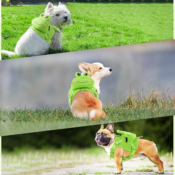 Dog Harness with Backpack, Adjustable Dog Backpack Harness for Small Medium Dogs, No-Pull Breathable Backpacks for Dogs to Wear, for Traveling, Hiking, Camping, Training, Green Frog XS