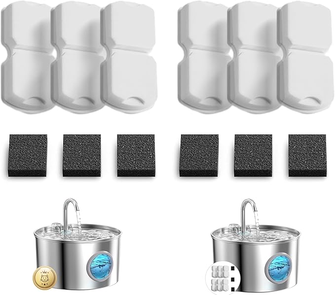 GIOTOHUN Cat Water Fountain Filter Replacement: 12 Cat Fountain Filter - 12 Pet Fountain Filter - 6 Carbon Filters & 6 Foam Filters - Suitable for GIOTOHUN Stainless Steel Cat Fountain S11