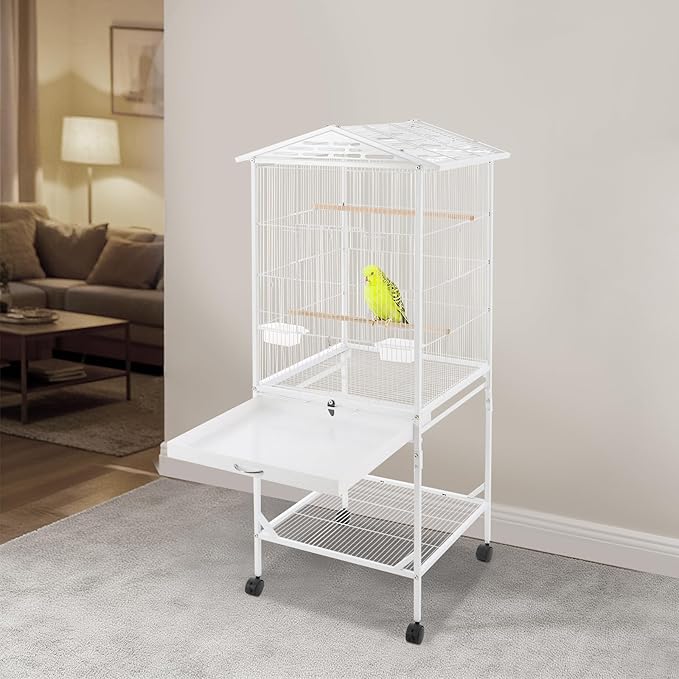 Large Bird Cage with Stand & Wheels, Freestanding Parakeet Birdcage with Wooden Stands & Feeding Cups, 49.2 Inch Bird Flight Cages for Parrot Canaries Cockatiels Budgie Parrotlet (White-C)
