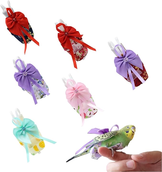 6pcs Bow Bird Diaper Set, Soft Reusable Flight Suit Clothing for Parrots Budgies Cockatiels — Cleaner Indoor Bonding & Training(M)