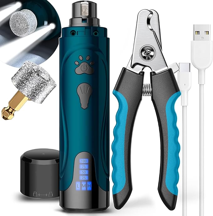 YABIFE Dog Nail Trimmers and Dog Nail Clippers Kit, Whisper Quiet Electric Grinder with Light, for Small, Medium, Large Dogs, Cats Toenail Grooming, 3 Speeds
