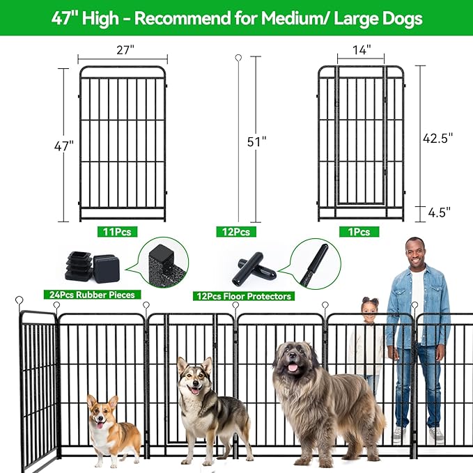 Heavy Duty Dog Playpen: 12 Steel Panels 47" Height, Square Steel Pipe with Reinforced Crossbars, 27FT 57 Sq.ft Portable Fence for Yard RV Camping, Snowy Black