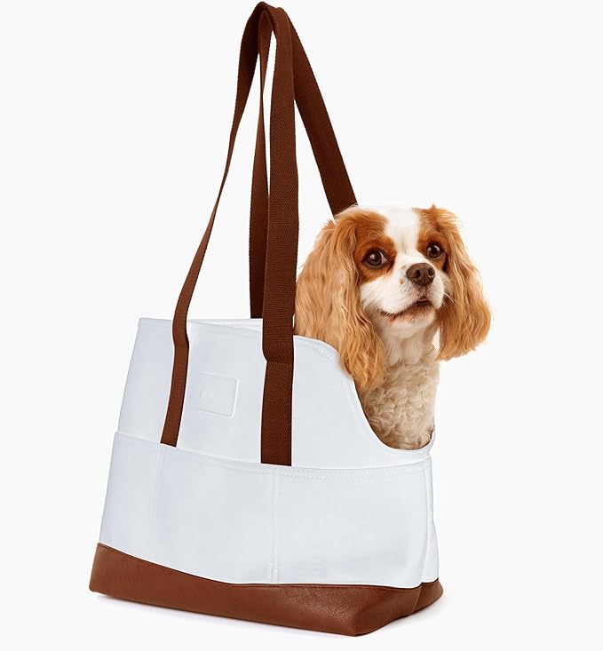 Faux Leather Dog Carrier for Small Dogs, Water-Resistant Designer Dog Purse with Safety Harness, Fashion Pet Carrier for Dogs 5-15 lbs, Luxury Dog Shoulder Carrier, White