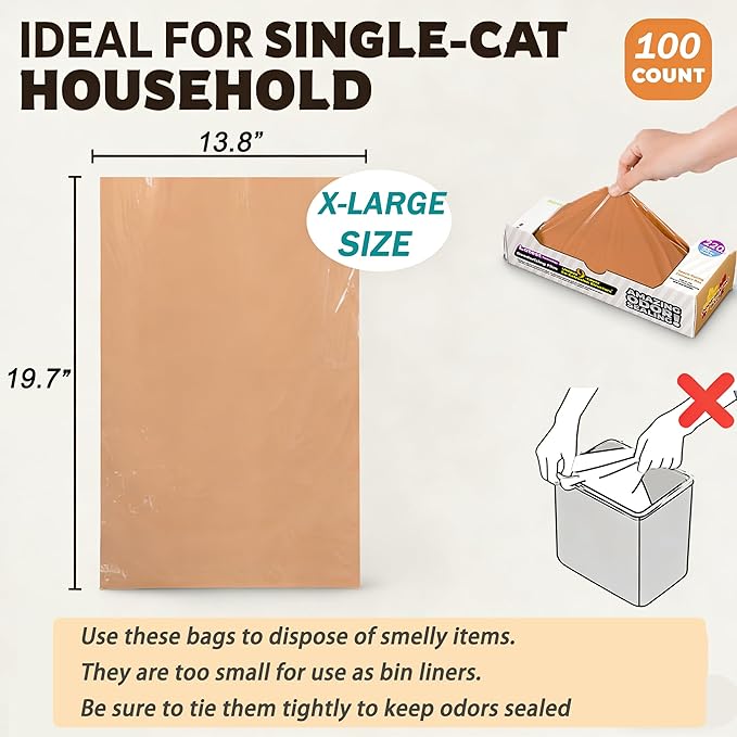 Odor-Sealing Cat Poop Bags XL, 100 Count | Durable Unscented Waste Bags for Pet, Diaper, Ostomy & Food Waste Disposal (Brown)