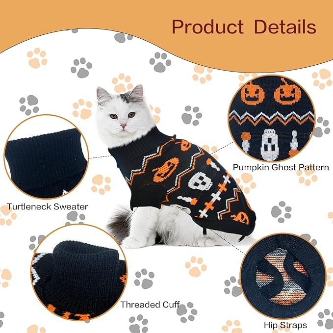 Vehomy 2Pcs Pet Halloween Sweaters Dog Halloween Pumpkin Sweater Kitten Cat Holiday Theme Turtleneck Knitwear Shirt with Pumpkin Skull Patterns Dog Puppy Halloween Costume Clothes for Small Dogs XL