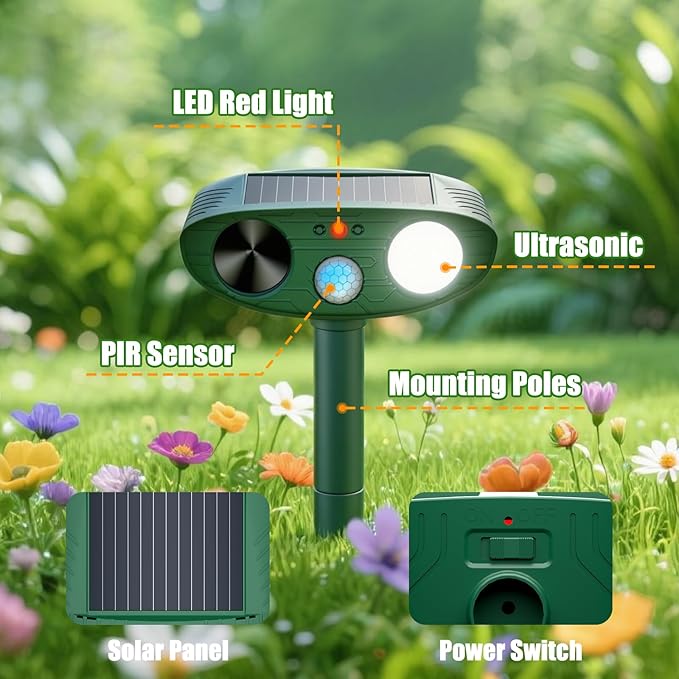2026 Upgraded Ultrasonic Solar Animal Repellent Outdoor, Deer Repellent Devices Squirrel Cat Raccoon Rabbit Dog Deterrent with Motion Sensor Flash Light for Yard Garden Lawn (4)