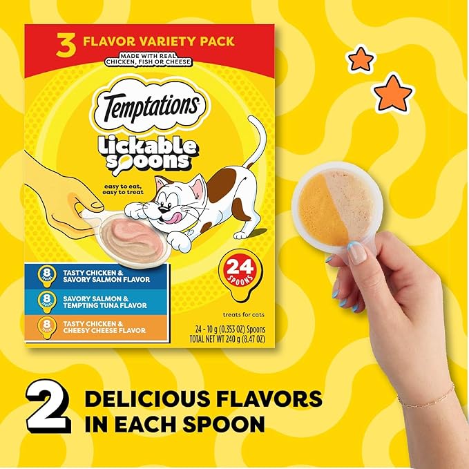 Temptations Lickable Spoons, Soft Lickable Cat Treats, Adult Wet Cat Treats, Variety Pack, 24 Spoons
