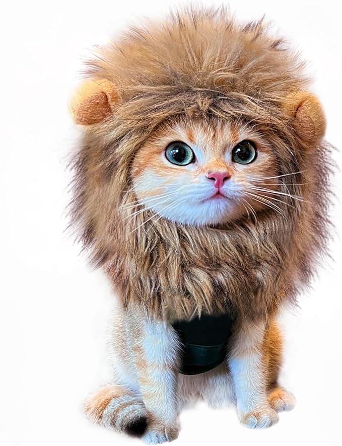 Lion Mane Wig for Cat Costume Pet Adjustable Washable Comfortable Fancy Lion Hair Cat Clothes Dress for Halloween Christmas Easter Festival Party Activity (Large, Brown)