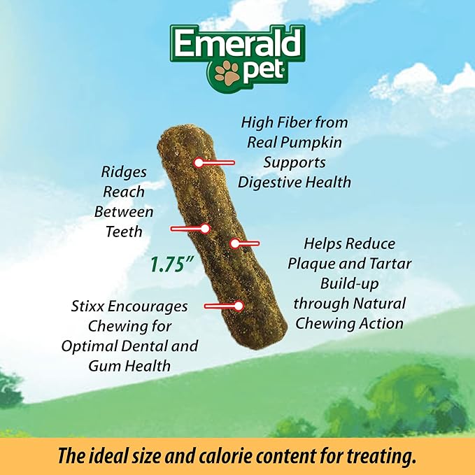 Emerald Pet Feline Dental Stixx — Tasty and Crunchy Cat Sticks with Pumpkin for Digestive Health — Natural Grain Free Dental Treats for Clean Teeth and Fresh Breath — Salmon, 3.6 oz