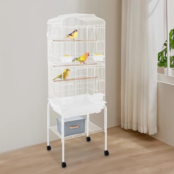 Bird Cage with Wheels, Breeding Cage Wrought Iron Flight Cage with Wooden Stand, Removable Tray & Feeding Bowls for Parrots, Canaries, Lovebirds Finches, 18" L x 14.6" W x 54" H