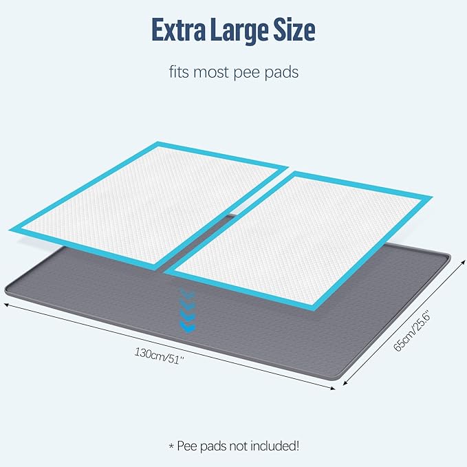 Pee Pad Holder for Dogs, 51" x 25.6" Silicone Pee Tray Mat Leak-Proof, High Edge, No Spill Pet Pad Holder for Puppy, Cat, Rabbit, Training Pads for Floor Protection, No Pee Pads (Grey)
