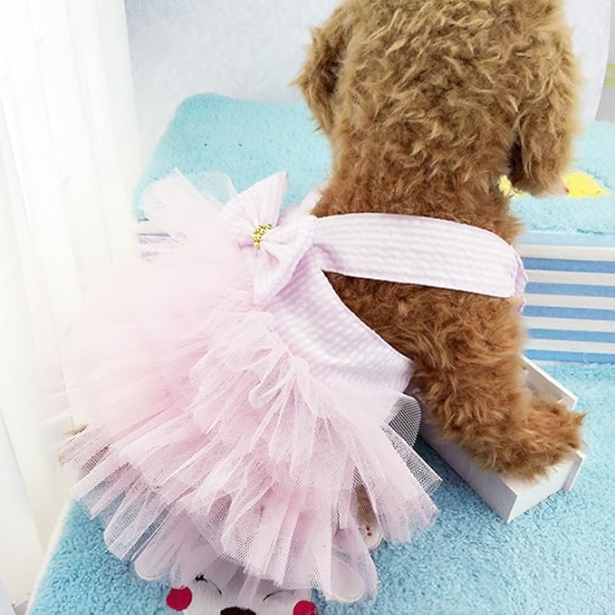 Dog Dresses, Fashion Pet Dog Clothes, Striped Mesh Puppy Dogs Princess Dresses (Pink, Large)