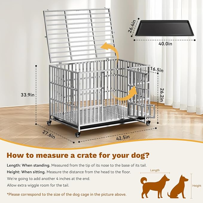 42" Heavy Duty Dog Crate, Escape Proof Stainless Steel Dog Kennel with Top Opening, 4 Lockable Wheels, Easy Clean Metal Dog Cage for Large/High Anxiety Dogs