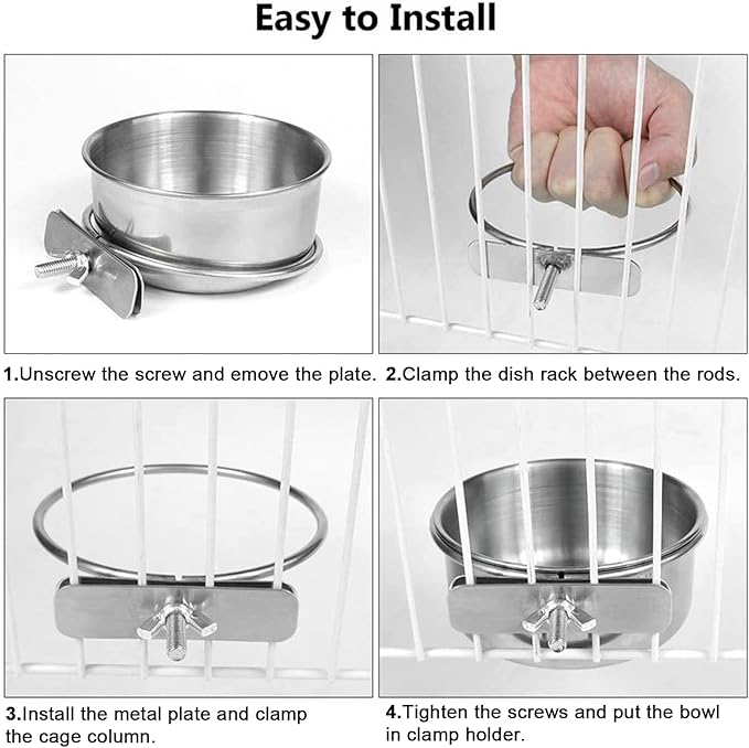 4 pcs Bird Feeding Dish Cups, Parrot Stainless Steel Food Bowl Cage Water Feeder with Clamp Holder for Parrots Cockatiel Budgies Lovebird Parakeet Feeding Cups with 4 Spoon