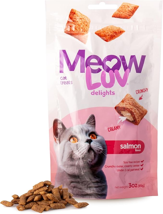 Ultra Chewy Meow Luv Delights Crunchy Cat Treats with Creamy Center - Salmon and Chicken Flavors - Premium Cat Snacks - Soy-Free Recipe - Salmon Flavor - Healthy Treats for Indoor Cats - 4 Pack