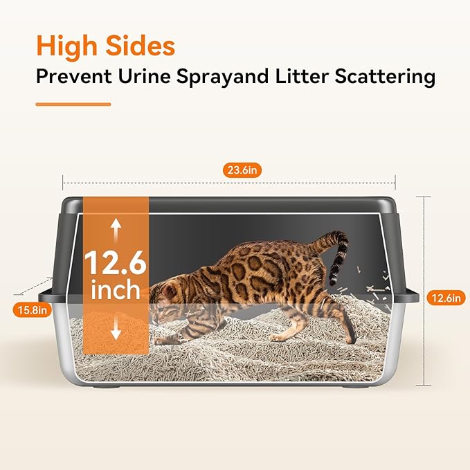 2 Pack Stainless Steel Litter Box, XL Enclosed Cat Litter Boxes, Metal Litter Pan with High Sides Odor Free Non Sticky Easy Cleaning, Black