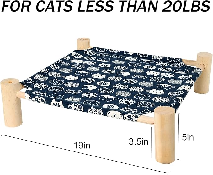 Patas Lague Pet Bed, Small, Elevated Cooling Hammock Bed, Wood, 19x19x5 inches, 20 lbs, Blue Cat, Indoor/Outdoor, Square, for Cats and Dogs