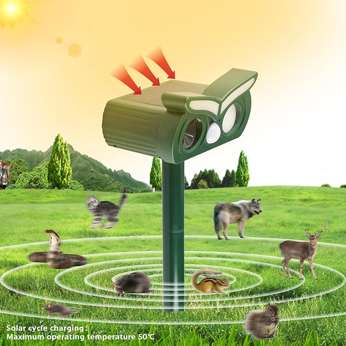 2pcs Solar Ultrasonic Animal Repellent Outdoor,Deer Repellent,Squirrel Repellent,Mouse Repellent,Cat Repellent Outdoor,Devices Motion Detection Waterproof with LED Flash Lights for Yard Farm Garden