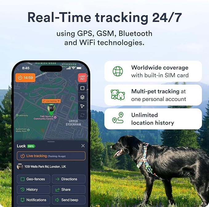 GPS Pet Tracker for Dogs - Dog Tracker Fits on Your Pets Collar, Waterproof, Smart App Controllable Geofencing and Pet Location History (Dog - 4 Months Included)