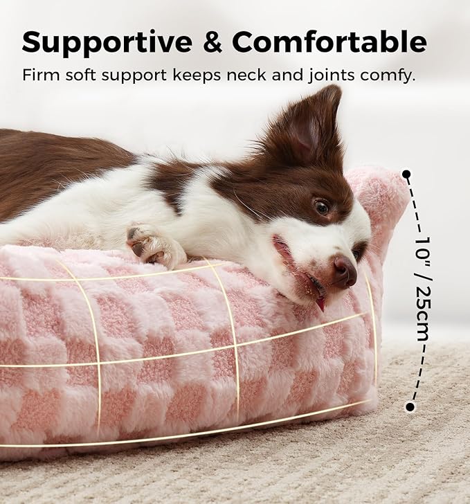 Made4Pets Cat and Dog Indoor Couch Bed, Soft Faux Fur Checkered Pet Sofa, Cozy Fluffy Pet Sofa with Supportive Foam, Removable Washable Cover with Non-Slip Base, Pink, Medium