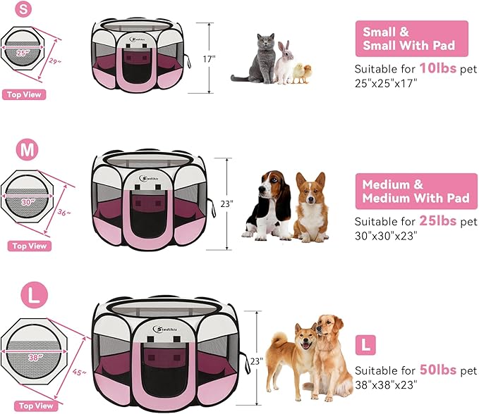Pink Puppy Playpen for Large Dog Cat, Dog Tent Crates Cage Indoor/Outdoor, Portable Pop Up Dog Kennel with Carrying Bag for Rabbits, (Pink, Large)