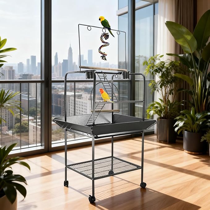 Small Parrot Playstand with Wheels, 62 Inch Bird Playstand, Bird Stand Activity Play Center with Perches and Ladders, Indoor Outdoor Playground for Birds with Swing Black Hammertone Finish