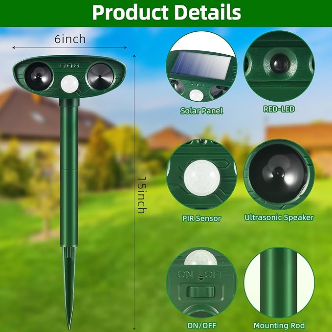 2026 Upgraded Solar Ultrasonic Animal Repellent Outdoor Cat Deer Repellent Devices with Motion Sensor,IP65 Waterproof Repeller Keep Opossum Skunk Rodent Squirrel Raccoon Out of Yard Farm,4 Pack