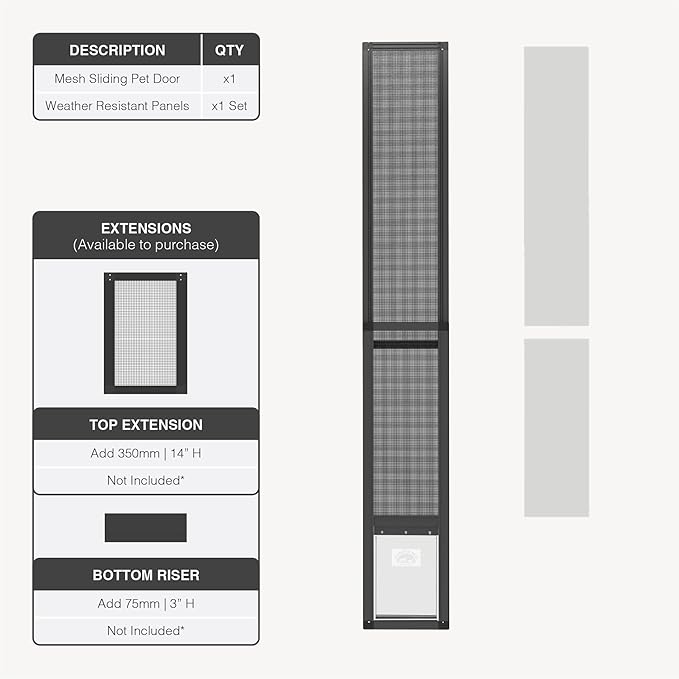 Hakuna Pets V2 Patio Pet Door Screen Insert Panel for Sliding Doors, Fits Door Track Min Ht 59.05" to Max Ht 84.25", UV Resistant Mesh, Magnetic Dog Door, Easy Install and Removal, Medium, Silver