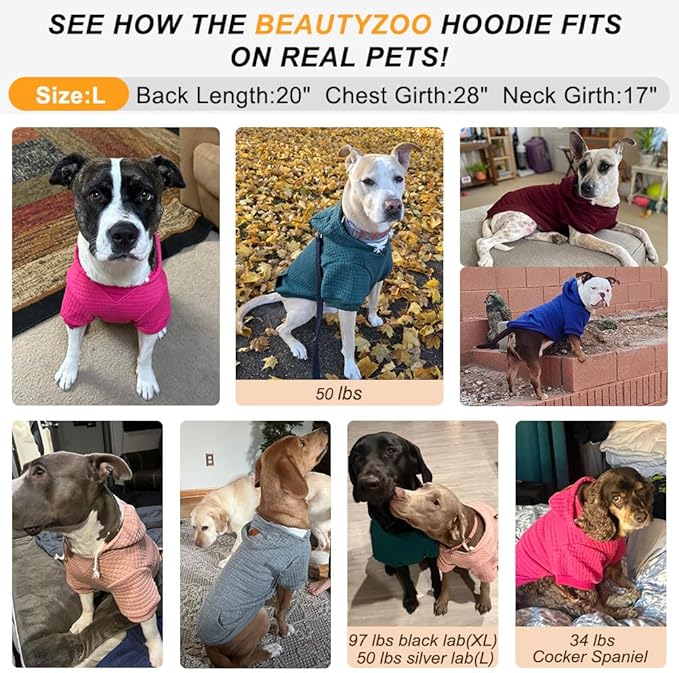BEAUTYZOO Dog Hoodie with Leash Hole and Pocket,Dog Sweaters for Small Medium Large Dogs Boys Girls,Waffle-Like Laminated Cotton Warm Outfits for French Bulldogs, Pitbull, Winter Puppy Clothes Jacket