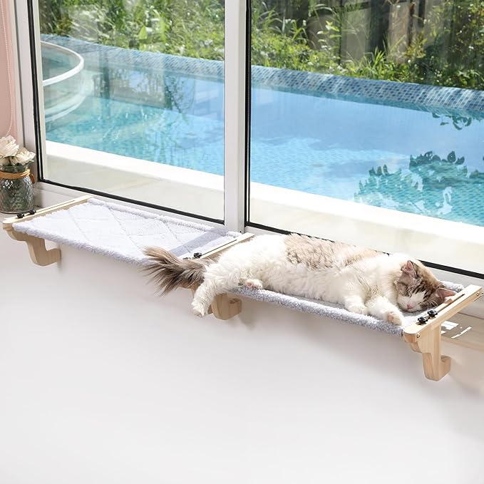Zakkart 2PC Easy Seat Cat Perch for Window Sill - Hammock Design w/Pine Wood & Robust Metal Frame - Cat Window Seat for Large Cats and Kittens (Natural Color Wood w/Gray Bed, Medium (23''W x 14''D))