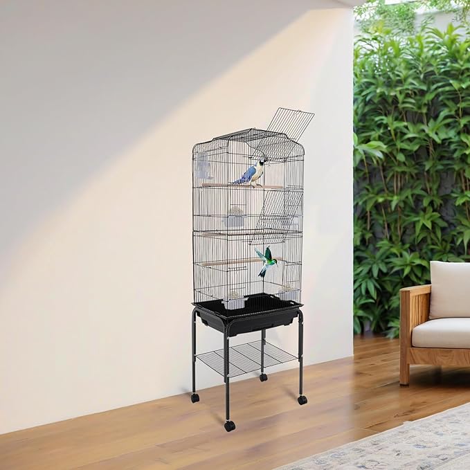 54 inch Metal Bird Cage,Large Parakeet Cages for Parrot,Cockatiel, Lovebird,Birdcage with Wheels,Roof Top,Storage Shelf (Black)