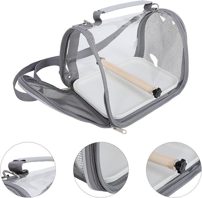 YARNOW Portable Bird Travel Cage Carrier with Wooden Perch, Small Gray Lightweight Outing Bag for Parrots and Lizards, Portable Pet Transport Cage for Vet Visits and Outdoor Trips