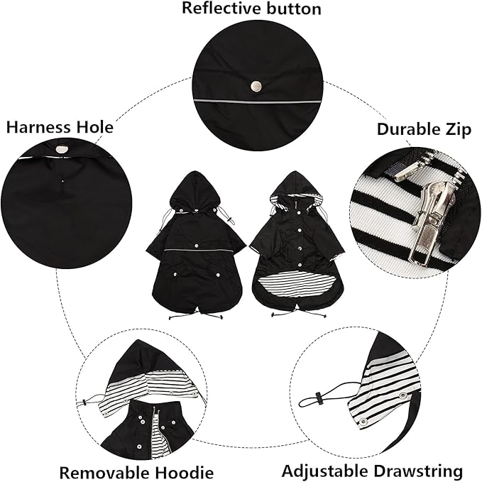 Morezi Dog Zip Up Raincoat with Reflective Buttons, Rain/Water Resistant, Adjustable Drawstring, Removable Hood, Raincoats with Legs 8lbs to 80lbs Available - Black - XXL