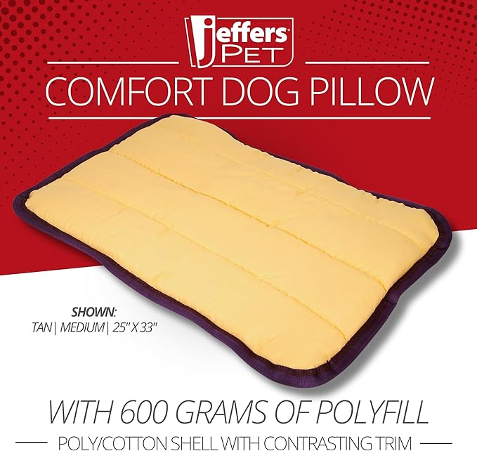 Jeffers Pet Comfort Dog Pillow, Medium 25" x 33", Tan – Machine Washable Dog Bed for House, Sofa, Crate & Travel – Poly Cotton Shell, Winter Warmth, Soft, Comfy, Durable, Top Pet Bedding