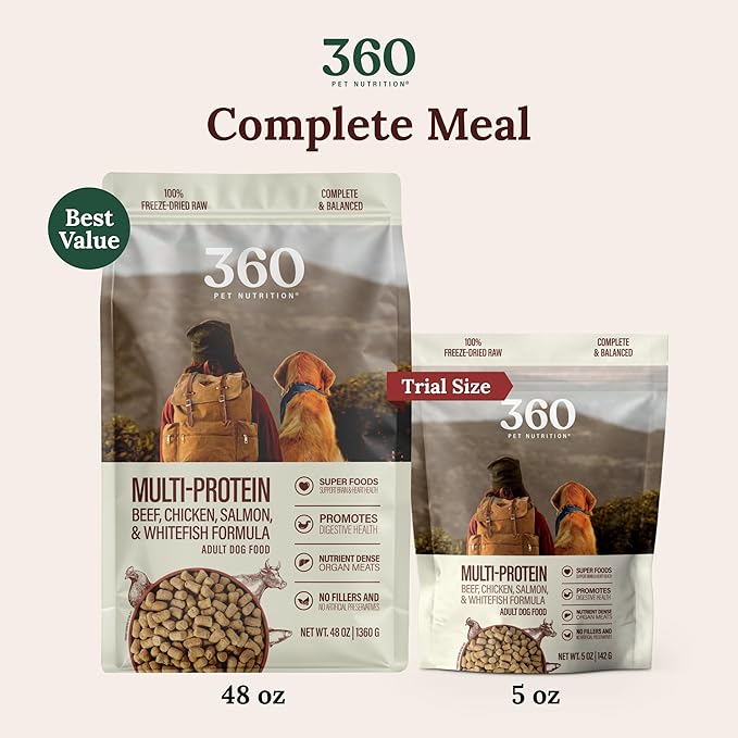 360 Pet Nutrition Freeze-Dried Raw Dog Food – Multi-Protein with Beef, Chicken, Fish, Liver & Organs, High Protein, Omega-3s, Fruits, Veggies & Superfoods, Grain-Free, No Fillers, 5 oz – Made in USA