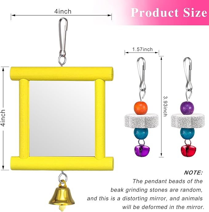 Sumind 2 Pieces Chicken Mirror Toys Hanging Swing Mirror with Bell Wooden Pecking Toy and 4 Pieces Beak Grinding Molar Stones for Hens Birds Parrots(Yellow,Green)