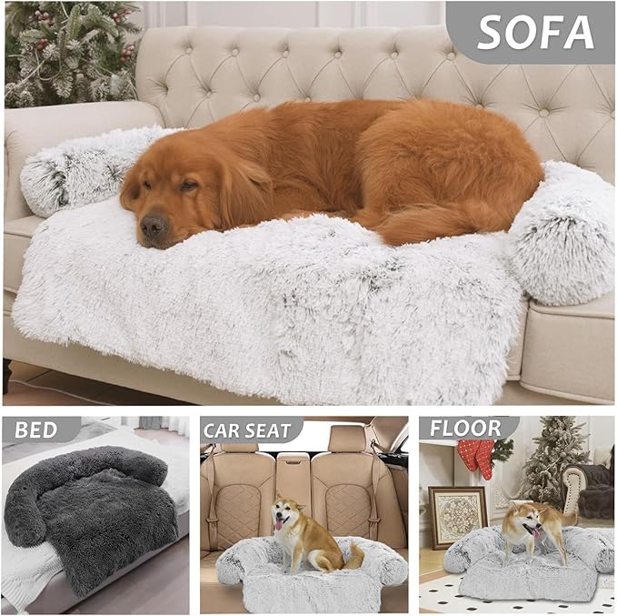 Calming Dogs/Cats Bed Mats, Dog Pad Washable Removable Couch Cover, Plush Long Fur Mat for Pets, Waterproof Lining, Perfect for Small, Medium and Large Dogs and Cats (Light Gray, 53"x39")