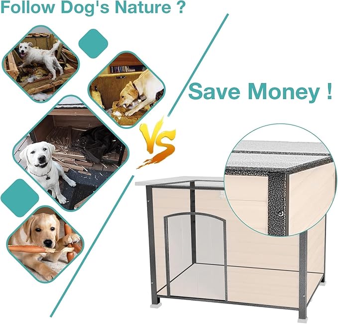 Feral Dog Heated House Outdoor,Anti Bite Iron Frame Dog Kennel,Wood Warm Pets Home,Insulated Weatherproof Outside Shelter for Feral Animal (43.3" (L) x 29.4" (W) x 33.4" (H)-Brown-in)