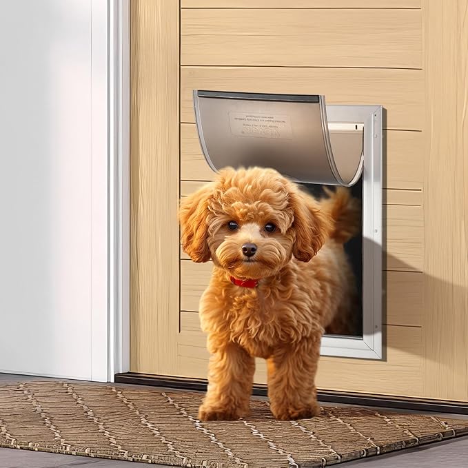 VEVOR Pet Door for Interior and Exterior Doors, Aluminum Frame, Metal Closing Panel and Lock, Strong and Durable Dog Door, Pet Door Suitable for Medium Dogs (White-Medium)
