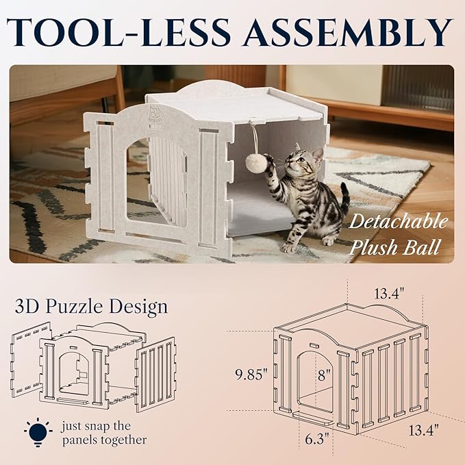 Apasiri Cat House Scratch-Resistant: Indoor Warm Enclosed Felt Bed Cave with Hanging Ball Toy, No-Tool Assembly Hideaway for Anxious Cats & Kittens, 13.4x13.4x9.85 Inch Interior