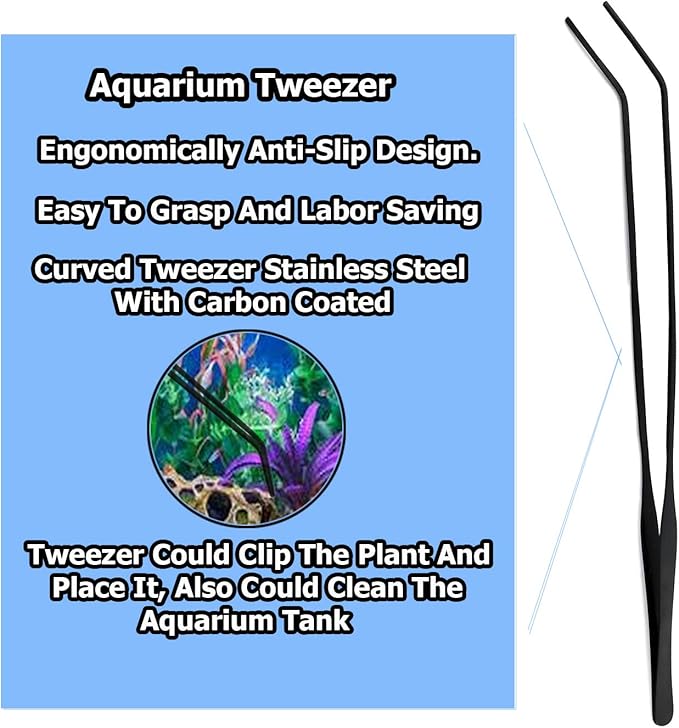 12 Inch Black Curved Aquarium Tweezers Stainless Steel Curved Tweezer with Carbonation Protection Coating Against Rust Long Reptiles Feeding Tongs for Aquatic Plants Lizards Spider Snakes