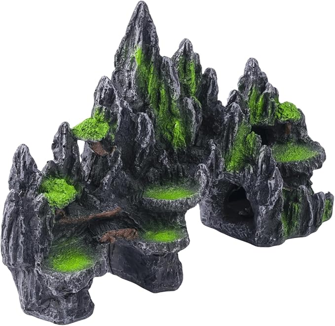 Large Fish Tank Decorations - Mountain View Aquarium Ornament with Tree House Cave Bridge,Large