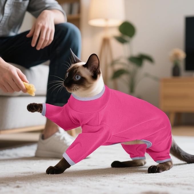 DENTRUN Cat Clothes for Hair Control with Hair Sticky Fabric - Soft Recovery Suit & Breathable Lint-Resistant Cat Sweater for Cats Only, Kitten Onesie Pajamas, S, Bright Pink