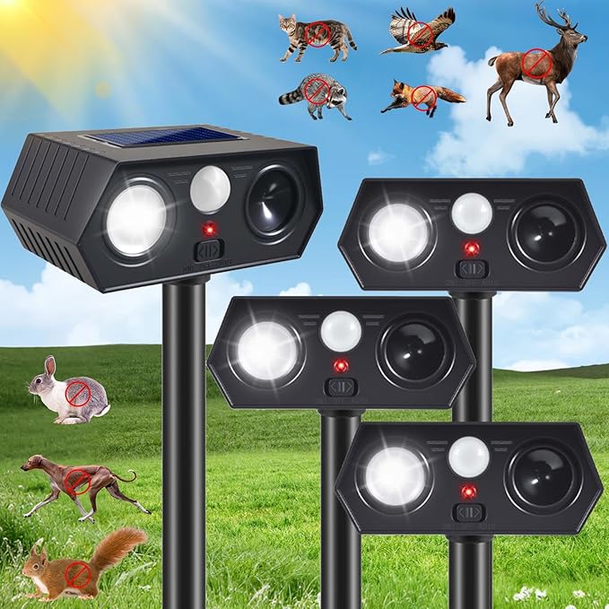 4Pack Solar Ultrasonic Animal Repellent Outdoor, Solar Deer Deterrent Devices with Motion Sensor, Cat Repellent with LED Flash Lights to Scare Deer Squirrel Rabbit Raccoon Skunk Dog for Yard