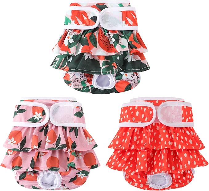 Reusable Dog Diapers Female 3 Pack Reusable Premium Highly Absorbent Doggie Diapers, Flexible Puppy Diapers, Durable Leak-Proof Fruit Dog Diapers for Period Heat Incontinence Puppy Training, M